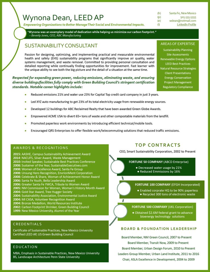 the green and white resume is shown