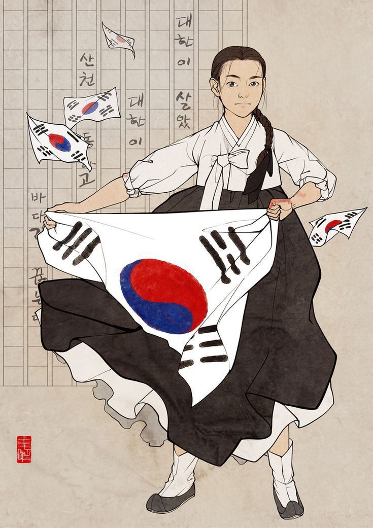 a woman holding a korean flag in her hands