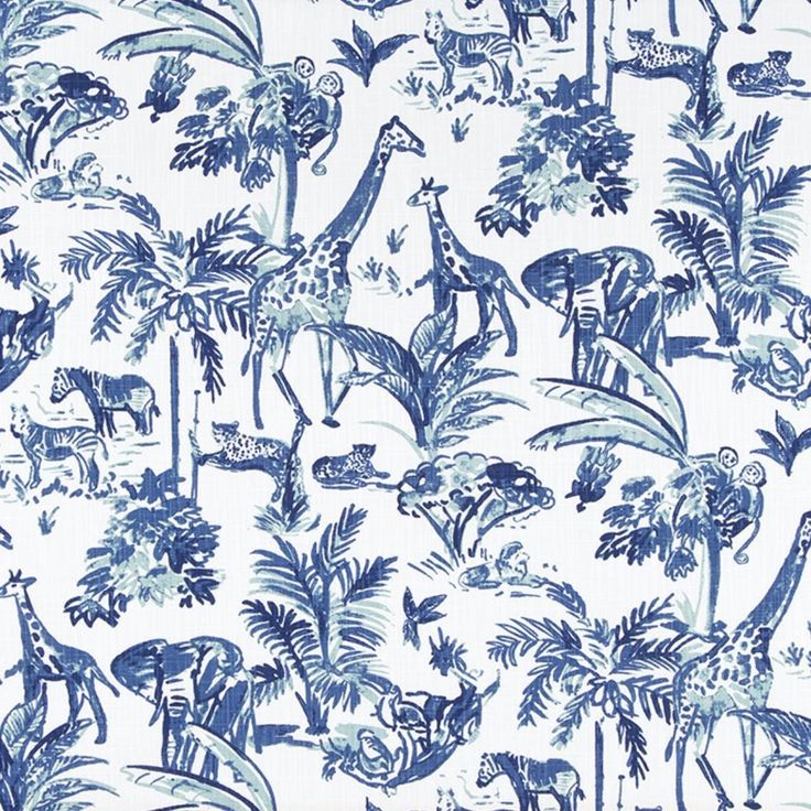 a blue and white wallpaper with giraffes, palm trees, and other animals