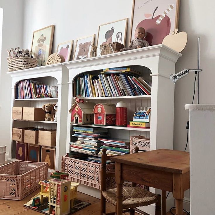 a child's room with toys and bookshelves