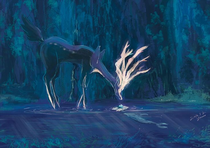 a painting of a deer drinking water from a pond