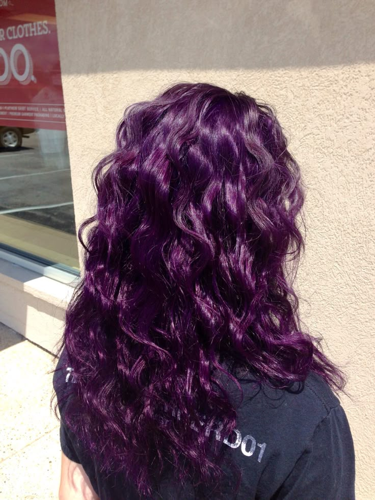 Purple and wavy! Purple Hair Colors Ideas, Perpul Hair Color Ideas, Multi Shade Purple Hair, Darker Purple Hair, Hairdye Ideas Purple, Purple Hair On Curly Hair, Hair Dye Ideas Wavy Hair, Curly Violet Hair, Hair Dye Ideas For Wavy Hair