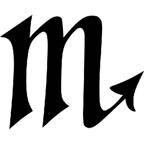 the letter m with an arrow pointing to it's left side, in black and white