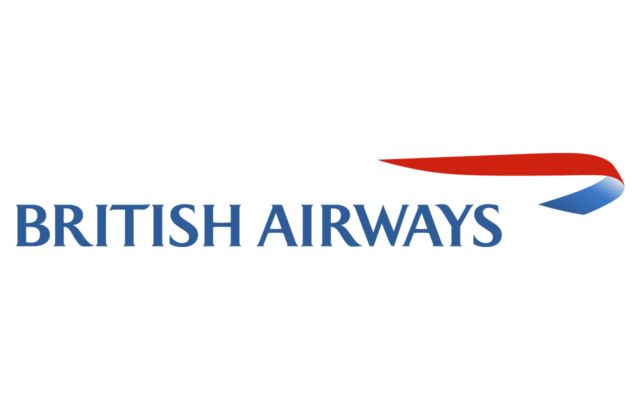 the british airways logo is shown in blue, red and white letters on a white background