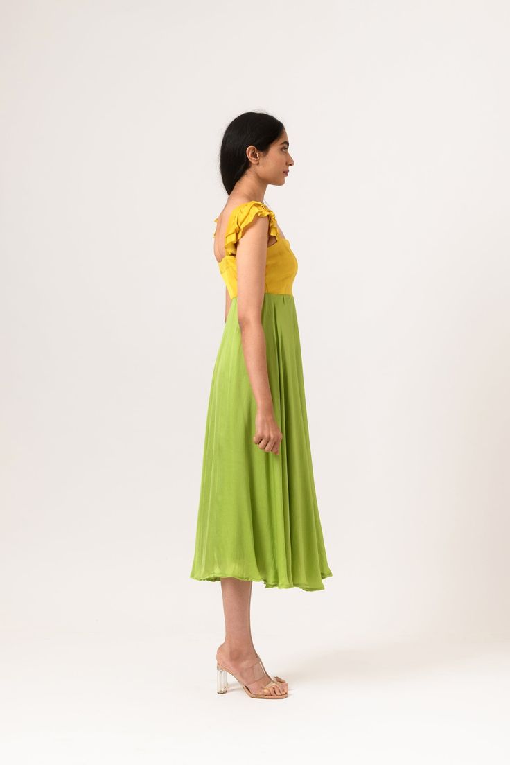 Yellow-Green Umbrella Cut Dress with patterned sleeves. Sustainable Silk. Delivery time 3 weeks. Green Umbrella, Umbrella Dress, Cut Dress, Dress Cuts, Anarkali, Body Measurements, 3 Weeks, Shoulder Top, Umbrella