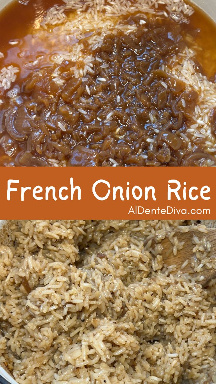 french onion rice with brown sauce in a pan