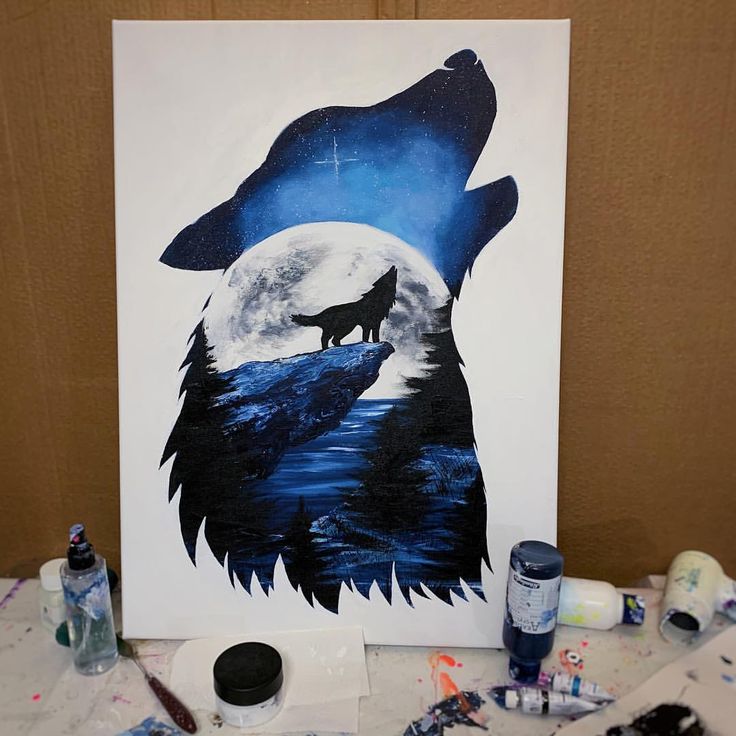 a painting of a wolf with the moon in the background