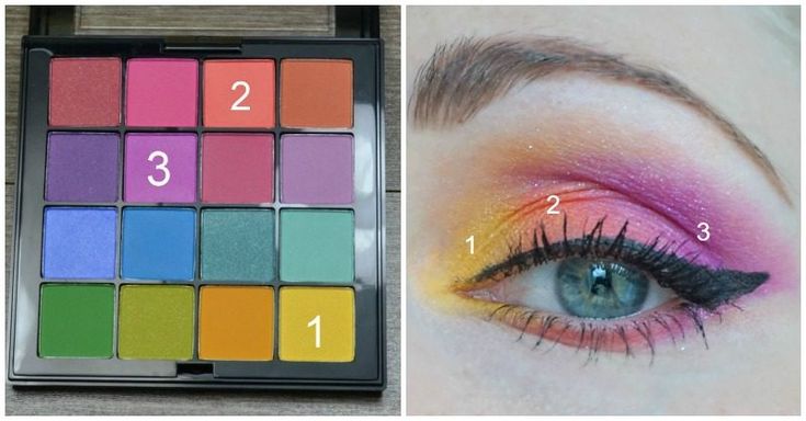 shades from NYX Ultimate-Shadow-Palette-in birghts Nyx Eyeshadow Palette Looks, Eye Shadow Colorful, Nyx Ultimate Brights Looks, Nyx Brights Palette Looks, Nyx Ultimate Shadow Palette Look, Actress Makeup, Nyx Palette, Nyx Eyeshadow Palette, Purple Eyeshadow Looks