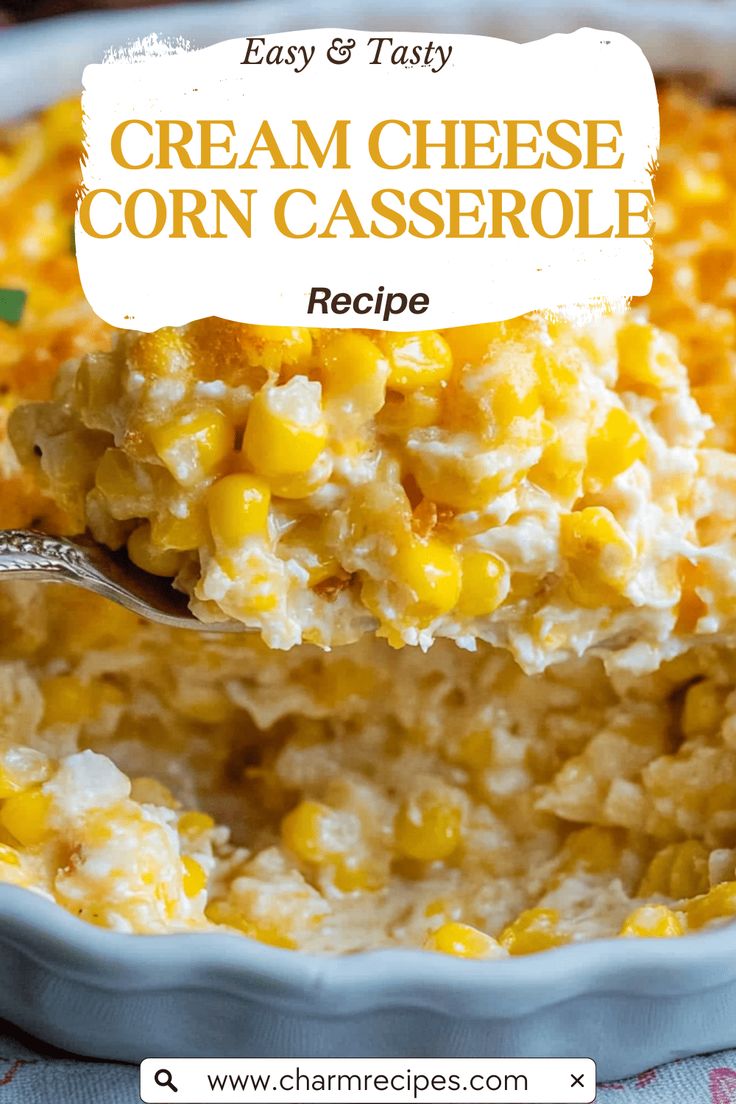 a spoon full of cream cheese corn casserole with the title text overlay