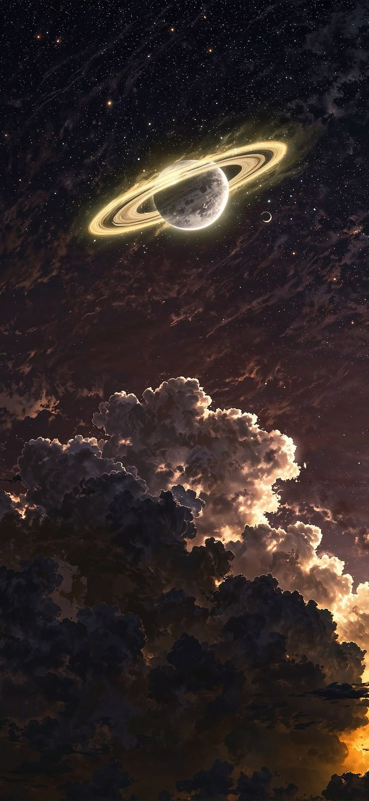 an artist's rendering of a planet in the sky with clouds and stars around it