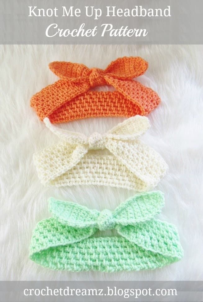 three crocheted headbands with bows on top and the text, knot me up headband crochet pattern