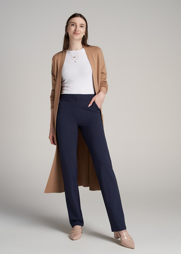 About Our Slacks for Tall Women The search for extra-long women's dress pants is over. Whether you're meeting clients to close a deal or walking into a big job interview, you need an outfit that's going to make you look good and feel confident. Finding options when you're vertically blessed can be tough, which is why we designed this pair of slacks for tall women between 5'9” and 6'6”. They have an extra-long inseam with a turn-up hem, a slim straight fit that will flatter your long legs and a h Office Pants For Women, Tall Girl Dresses, Pants For Tall Women, Tall Lady, Slacks Outfit, Dress Body Type, Tall Women Fashion, Dress Pants Outfits, Women's Dress Pants