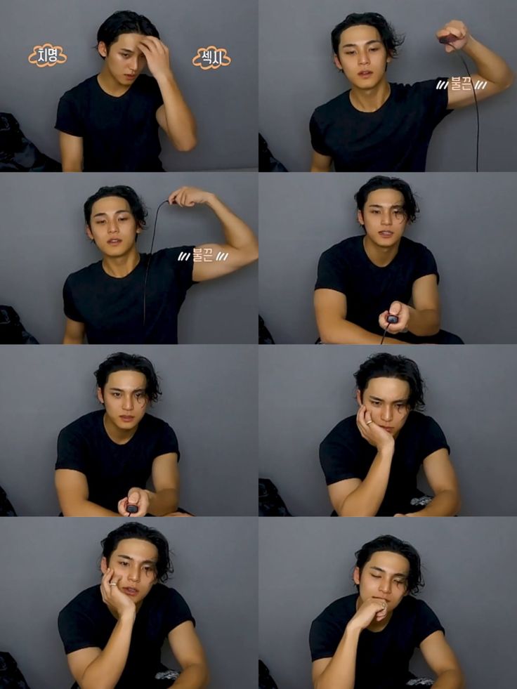 multiple shots of a man with different expressions on his face and hands, posing for the camera