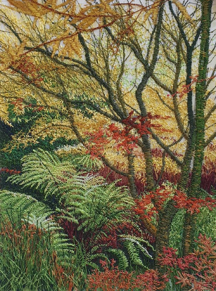 a painting of trees and plants in the woods