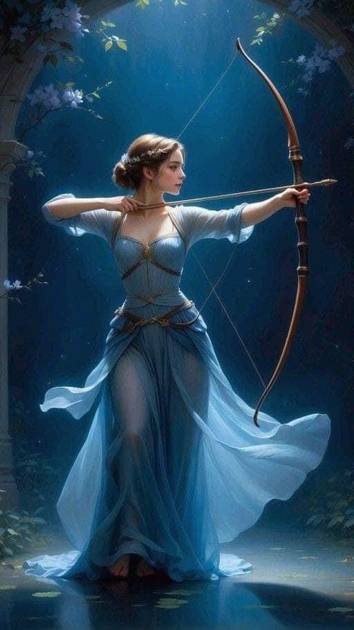 a painting of a woman holding a bow and arrow