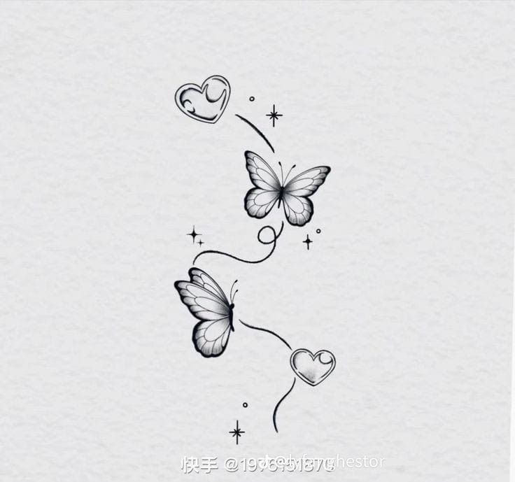 two butterflies flying in the air with hearts