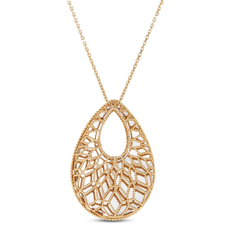 A beaded yellow gold openwork design forms a dome over a flat high polished white gold pear shape for a two-tone design with geometric style. Oval Fine Jewelry Necklace With Intricate Design, Elegant Gold Diamond Necklace With Large Pendant, Elegant White Gold Teardrop Necklace, Yellow Gold Diamond Cut Teardrop Jewelry, Gold Diamond Necklace With Intricate Design, Gold Teardrop Pendant Drop Necklace With Diamond Accents, Teardrop Shaped Fine Jewelry Necklace With Elegant Design, Fine Jewelry Teardrop Necklace With Elegant Design, Teardrop Fine Jewelry Necklace With Elegant Design