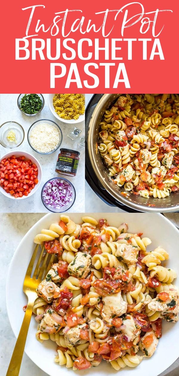 the pasta dish is ready to be eaten and served in an instant pot with chicken, tomatoes