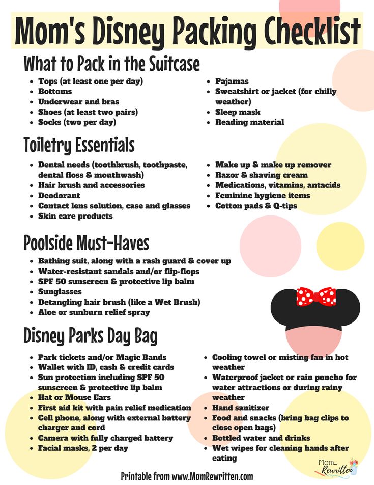 the disneyland packing checklist is shown in red and yellow with polka dots on it