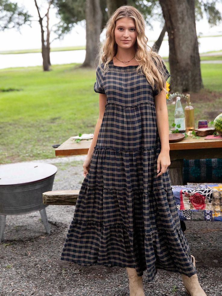 Berkley Maxi Dress|Navy Tan Plaid-view 1 Casual Tiered Maxi Dress For Fall, Casual Tiered Dress For Fall, Casual Beach Tiered Dress, Casual Tiered Beach Dress, Casual Tiered Skirt Maxi Dress, Casual Tiered Ruffle Dress, Casual Tiered Dress For Day Out, Casual Flowy Tiered Dress, Casual Tiered Dress For Vacation