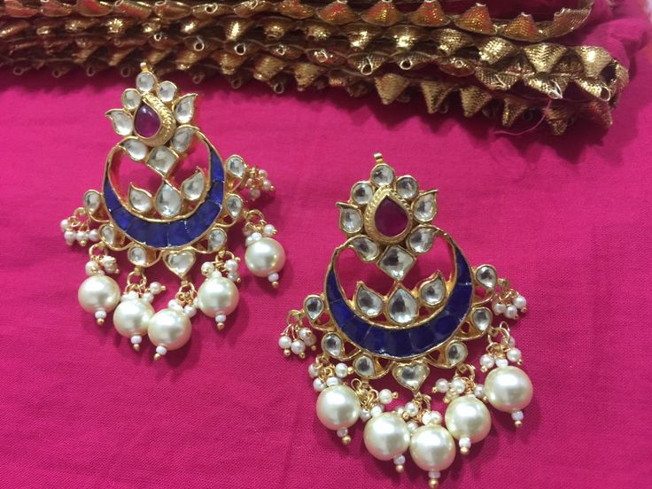 *It's Handmade Indian Ethnic Kundan Chandbali Designer Fashion Earrings with Pink and Blue Combination. *It's Multi Color Kundan Stones Settings and 22k gold Plating as shown in picture. *It is Real Kundan Design with Antique Touch and 2 inch long with hangings of pearls. *Our all jewelry is made from semiprecious stones and beads. *WARRANTY: ITS GENUINE HANDMADE JEWELRY AND WE ARE GIVING LONG LIFE WARRANTY FOR OUR ALL ITEMS. All of our Kundan Jewelry is 100% handmade with ancient Kundan stone s Partywear Earrings, Kundan Chandbali, Earrings Kundan, Indian Pink, Kundan Jewelry, Heritage Jewellery, Celebrity Jewelry, Jewellery Indian, Chandbali Earrings