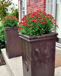 two brown planters with red flowers in them