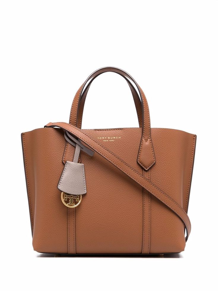 Brown leather Perry top-handle tote from TORY BURCH featuring logo print to the front, circular top handles and adjustable detachable shoulder strap. Cognac Satchel Tote With Gold-tone Hardware, Cognac Tote Satchel With Gold-tone Hardware, Tan Satchel With Gold-tone Hardware And Double Handle, Brown Bag With Double Handle And Gold-tone Hardware, Brown Double Handle Bag With Gold-tone Hardware, Medium Bags With Gold-tone Hardware For Everyday Use, Brown Satchel With Gold-tone Hardware For Work, Medium Bags With Gold-tone Hardware, Brown Workwear Satchel With Gold-tone Hardware