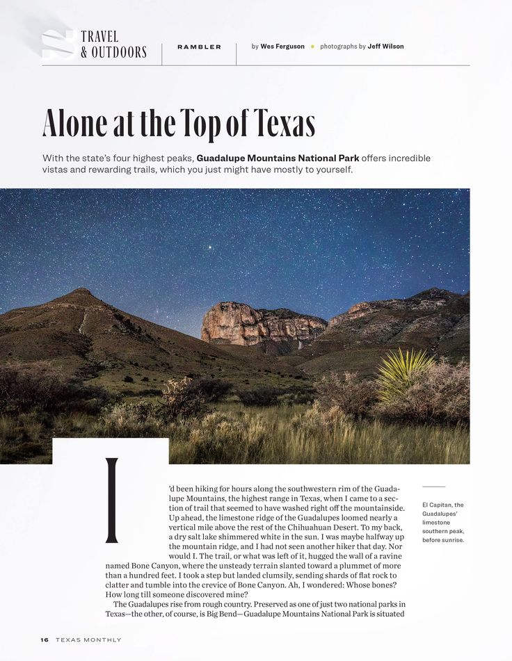 an article about the top of texas with mountains in the background and stars in the sky