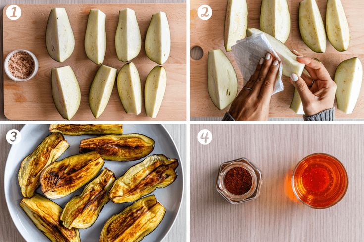 how to cut an eggplant into wedges and place it on a plate