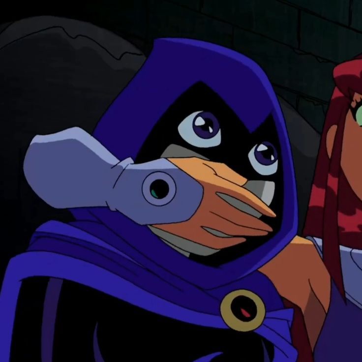 an animated character in a purple caped outfit and red hair, standing next to another character