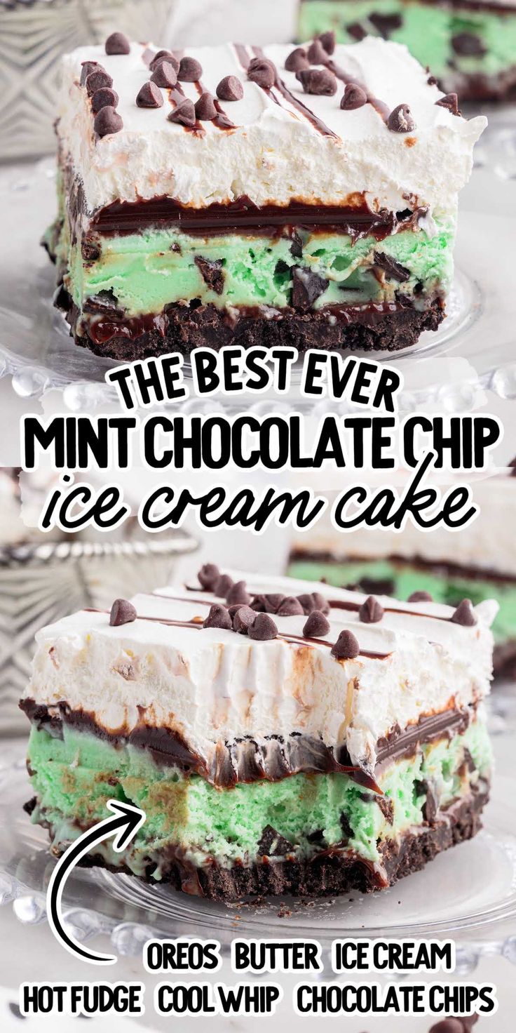 the best ever mint chocolate chip ice cream cake is cut in half and stacked on top of each other