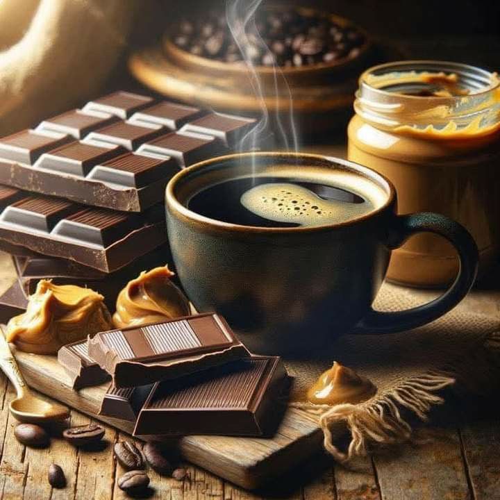 a cup of coffee and some chocolate on a table