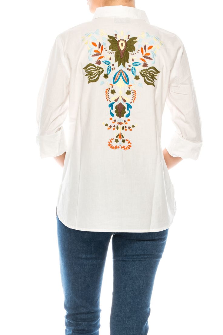 This button-down shirt is made from 100% natural cotton, and features an exquisite floral embroidery on the back. Model is 5’8” - wearing size small. Model Bust: 34” Hand-wash cold, lay flat to dry.Made in India. Bohemian Embroidered Button-up Shirt, Bohemian Cotton Button-up Shirt, Embroidered Cotton Button-up Shirt, Cotton Button-up Shirt With Floral Embroidery, Long Sleeve Cotton Top With Tonal Embroidery, Floral Embroidered Cotton Button-up Shirt, Spring Embroidered Cotton Shirt, Embroidered Cotton Shirt For Spring, Cotton Shirt With Floral Embroidery And Relaxed Fit