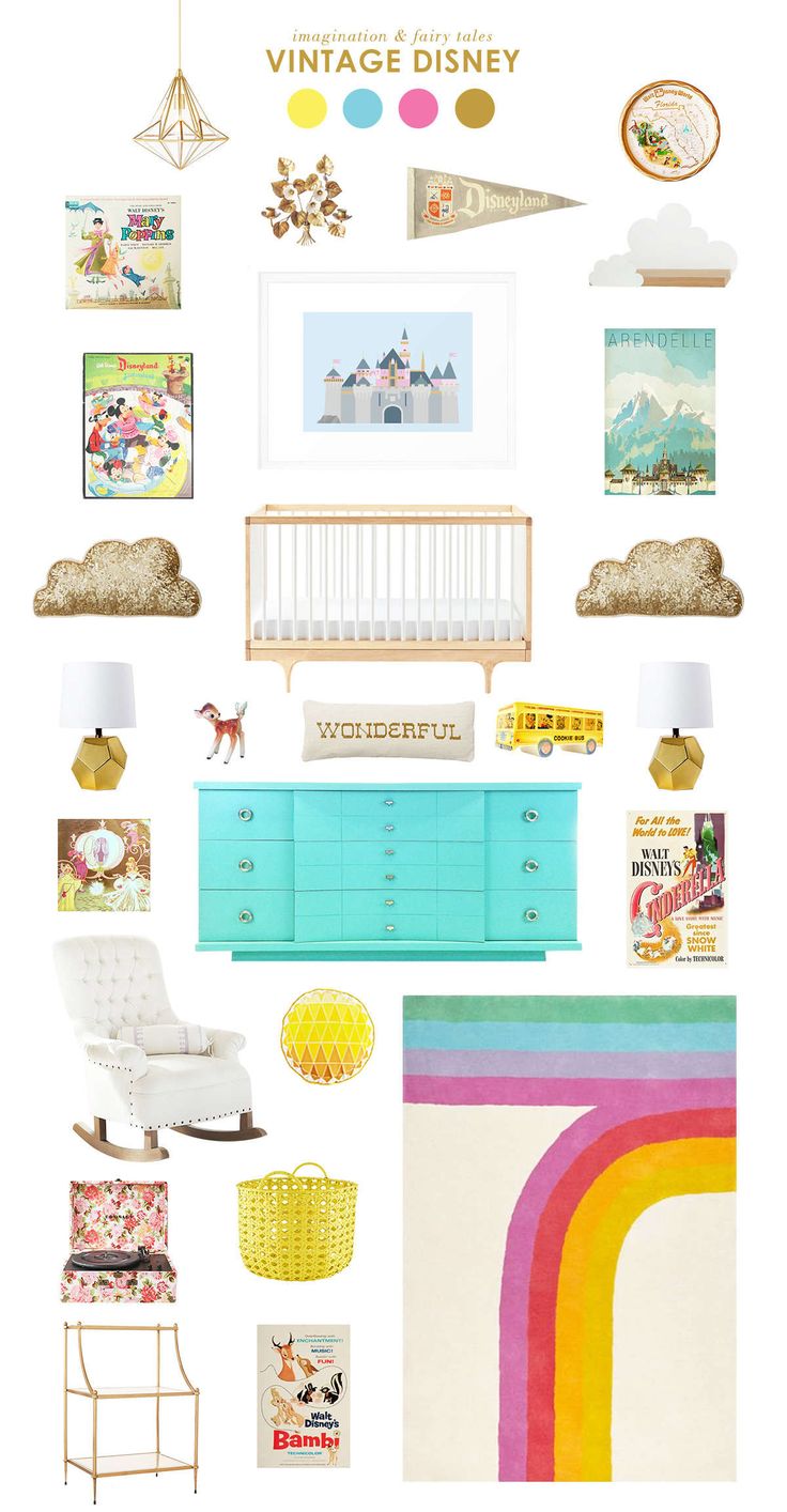 an assortment of furniture and pictures on a white background with the words vintage disney above it