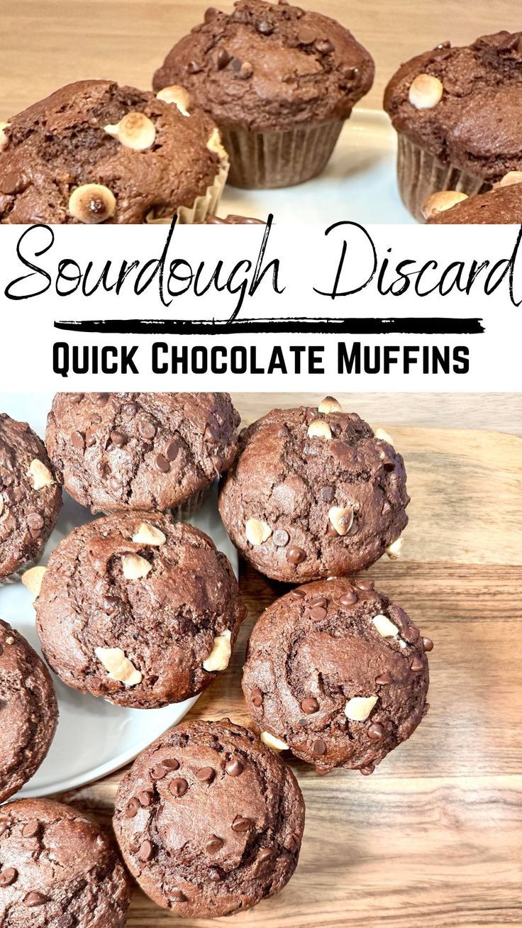 chocolate muffins on a plate with the words seundough disard quick chocolate muffins