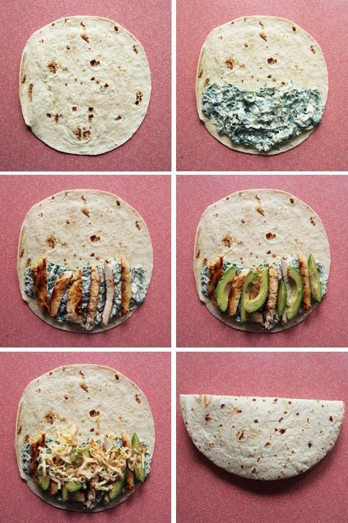 six pictures showing how to make spinach chicken - avocado quesadillas