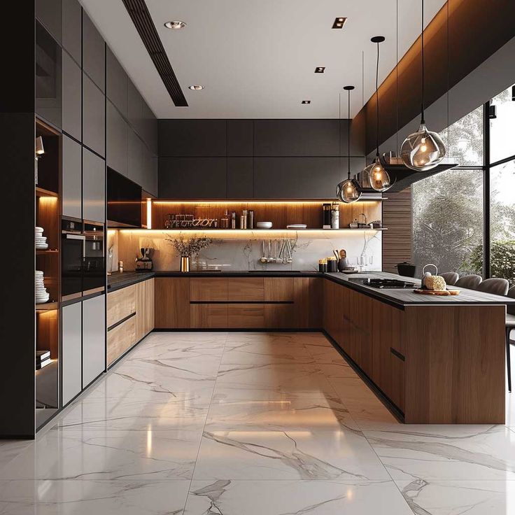 a modern kitchen with marble flooring and wooden cabinets