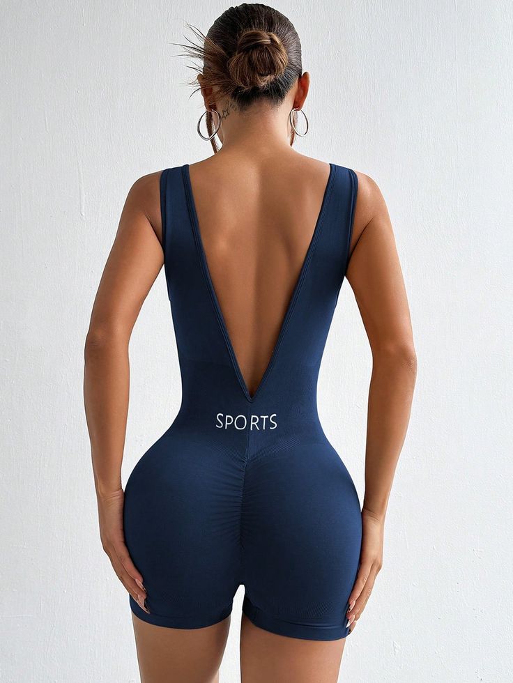 Women's Sports Romper, Sexy Backless Gym Fitness Romper Navy Blue   Sleeveless Fabric Letter,Plain Jumpsuit Medium Stretch  Women Activewear, size features are:Bust: ,Length: ,Sleeve Length: Sporty Backless Bodysuit For Sports, Backless Sports Bodysuit With Stretch, Stretch Backless Sports Bodysuit, Sleeveless Sportswear Bodysuit For Swimming, Blue Seamless Bodysuit For Gym, Stretch Blue Bodysuit For Training, Backless Stretch Bodysuit For Sports, High Stretch Blue Bodysuit For Training, Blue High Stretch Bodysuit For Training