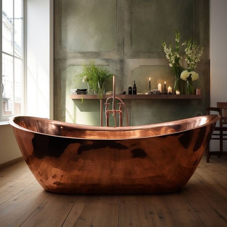 a bathtub with candles and flowers in the corner next to it on a wooden floor