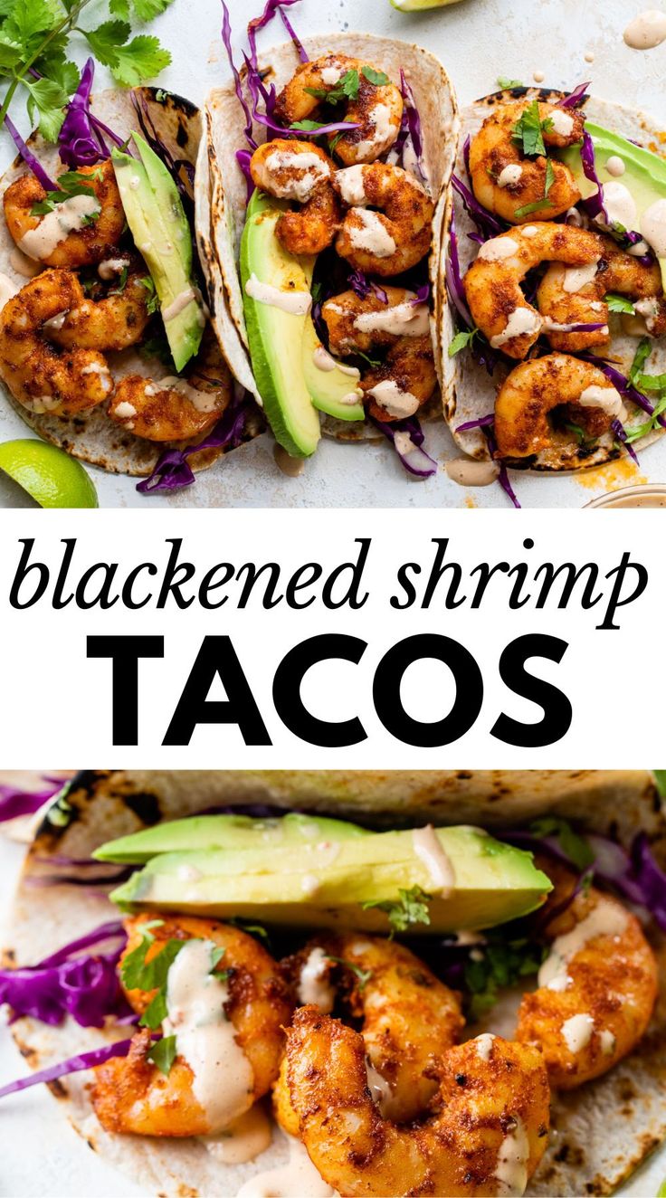 shrimp tacos with avocado and cilantro on the side