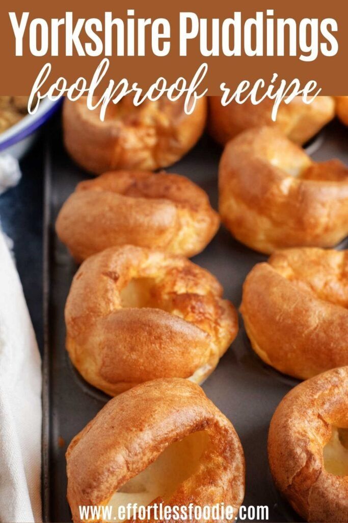 yorkshire puddings on a baking sheet with text overlay