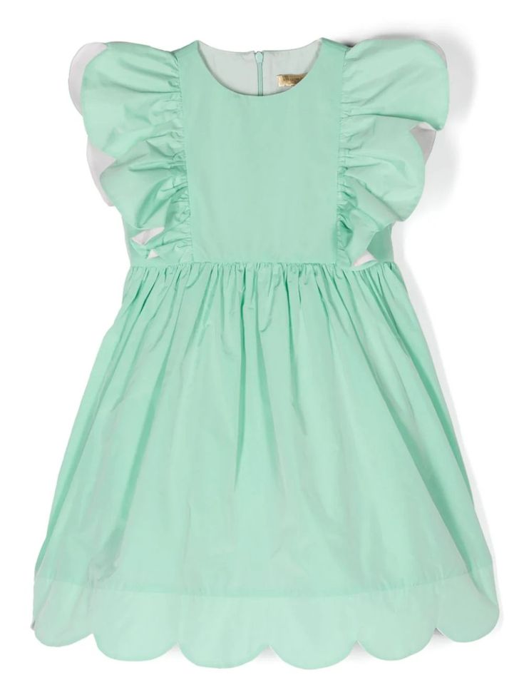 Stella McCartney Kids ruffled-trim Cotton Dress - Farfetch Green Cotton Dress, Kids Robes, Dress With Jean Jacket, Dolce And Gabbana Kids, Planet People, Kenzo Kids, Stella Mccartney Kids, Girls Party, Flared Skirt