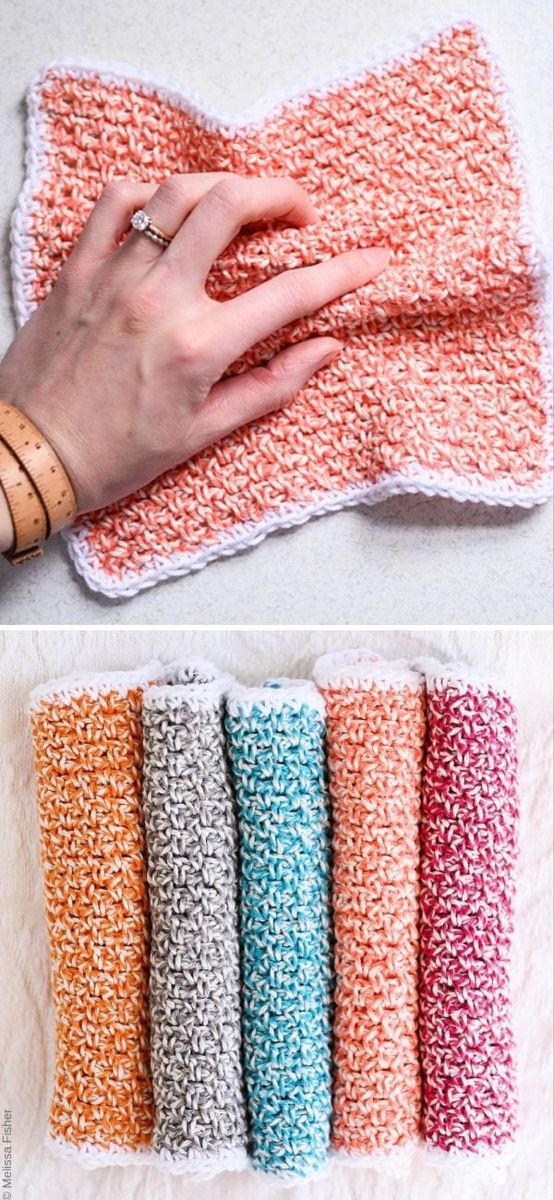 four different colors of crocheted rugs with one hand on top and the other in