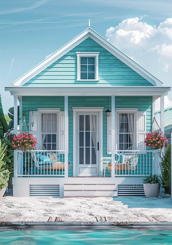 a small blue house sitting next to a pool