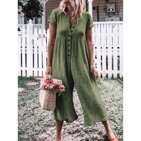 This Loose Fitting Jumpsuit Is Very Stylish And Lightweight. The Color Is A Lovely Olive Green. There Are Buttons Up The Front And A Cap Sleeve Detail. Size Small. Nwot Summer V-neck Jumpsuits And Rompers With Buttons, Spring V-neck Jumpsuits And Rompers With Buttons, Summer Short Sleeve Jumpsuits And Rompers With Button Closure, Summer Button-up Solid Color Jumpsuits And Rompers, Summer Button-up Solid Color Jumpsuit, Summer Vacation Button-up Jumpsuits And Rompers, Summer Solid Color Button-up Jumpsuit, Summer Button-up Jumpsuits And Rompers For Vacation, Casual Solid Jumpsuits And Rompers With Buttons