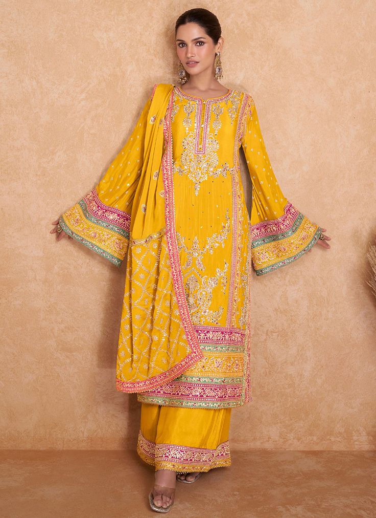 Yellow Multi Embroidered Wedding Palazzo Suit Palazzo Suit, Salwar Kameez Designs, Embroidered Wedding, Stunning Outfits, Pattern Ideas, Clothing Websites, Designer Dresses Indian, Dresses To Wear To A Wedding, Embroidery Work