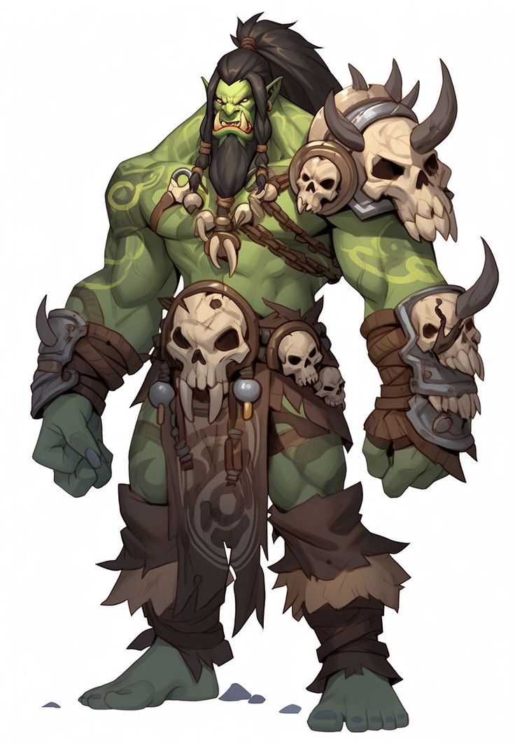 an image of a cartoon character with horns and skulls on his chest, holding two skull heads