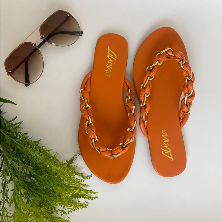 Orange Braid Sandals Orange And Chain Braid Detail Brand New In Box Various Sizes Summer Vacation Sandals With Chain Strap, Trendy Beach Sandals With Chain Strap, Vacation Sandals With Chain Strap And Synthetic Material, Synthetic Sandals With Chain Strap For Vacation, Beach Sandals With Chain Strap For Summer, Flat Sandals With Chain Strap For Beach, Casual Sandals With Chain Strap For Vacation, Elegant Orange Beach Sandals, Chain Strap Sandals For Vacation