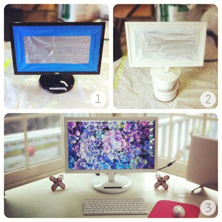 four different views of a computer screen and its components, including the keyboard, monitor, mouse, and other items