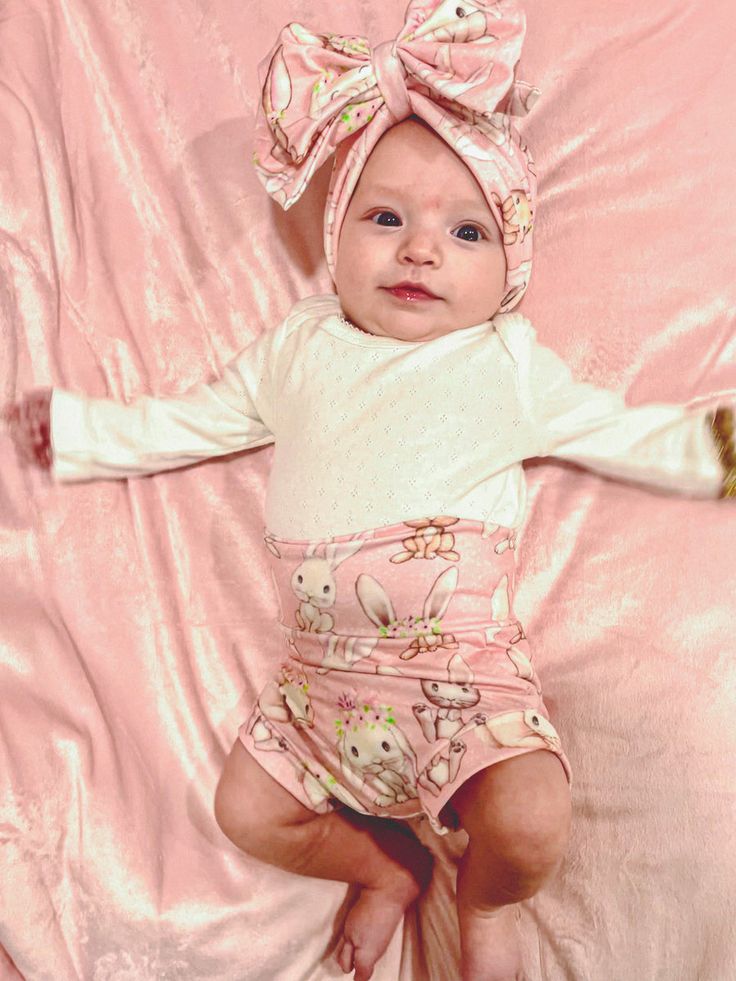 The Easter Bummy & Bow Set – The Dirt Road Fashionista Playful Pink Bodysuit For Loungewear, Playful Fitted Loungewear Sets, Cute Fitted Onesie For Loungewear, Playful Fitted Onesie For Loungewear, Stretch Cotton Onesie For Playtime, Spring Cotton Stretch Onesie, Spring Stretch Cotton Onesie, Fitted Pink Onesie For Loungewear, Spring Onesie For Playtime With Stretch